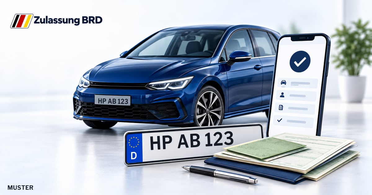 Online Fahrzeugzulassung in Lampertheim: Musterkennzeichen HP AB 123, Auto und Fahrzeugpapiere und Smartphone. Illustration mit Logo von Zulassung BRD.